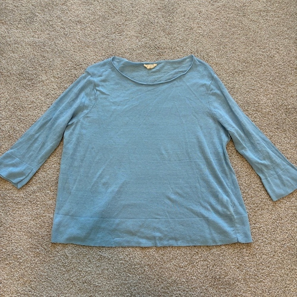 Eileen Fisher Linen Sweater Womens L Blue 3/4 Sleeves Boatneck Lightweight Beach